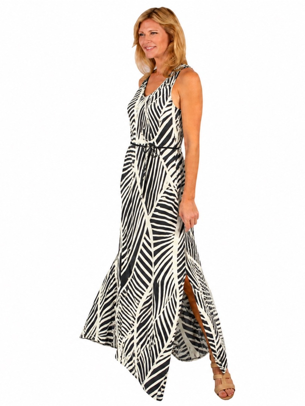 DKR Apparel V-Neck Racerback Maxi Dress-Navy/Ecru Palm Print